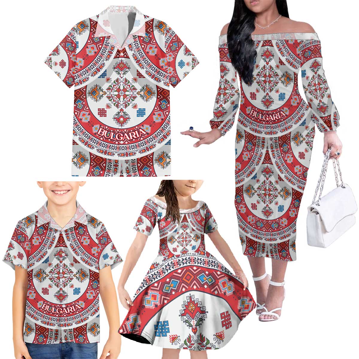 Bulgaria Folk Art Family Matching Off The Shoulder Long Sleeve Dress and Hawaiian Shirt with Traditional Embroidery and Floral Motifs
