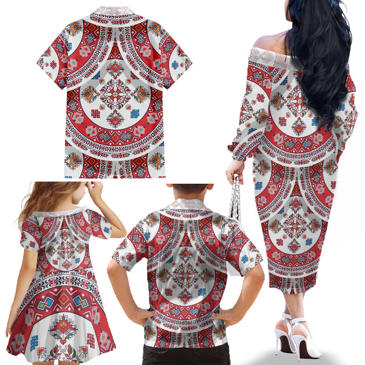 Bulgaria Folk Art Family Matching Off The Shoulder Long Sleeve Dress and Hawaiian Shirt with Traditional Embroidery and Floral Motifs