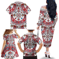 Bulgaria Folk Art Family Matching Off The Shoulder Long Sleeve Dress and Hawaiian Shirt with Traditional Embroidery and Floral Motifs