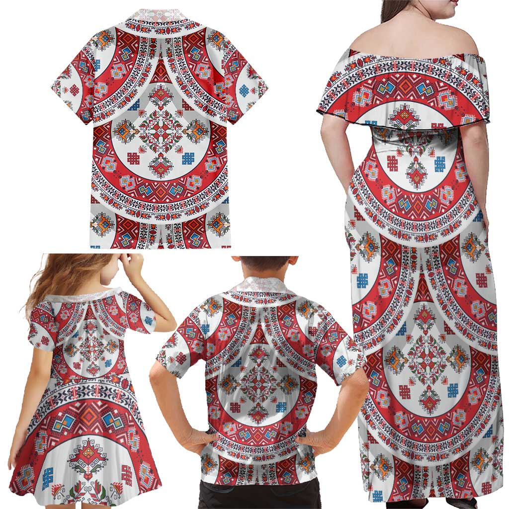 Bulgaria Folk Art Family Matching Off Shoulder Maxi Dress and Hawaiian Shirt with Traditional Embroidery and Floral Motifs