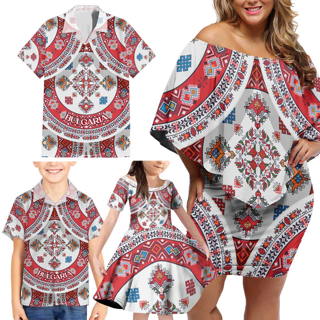 Bulgaria Folk Art Family Matching Off Shoulder Short Dress and Hawaiian Shirt with Traditional Embroidery and Floral Motifs