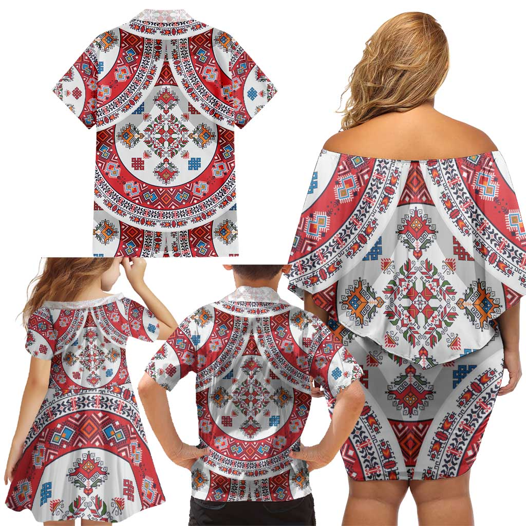 Bulgaria Folk Art Family Matching Off Shoulder Short Dress and Hawaiian Shirt with Traditional Embroidery and Floral Motifs