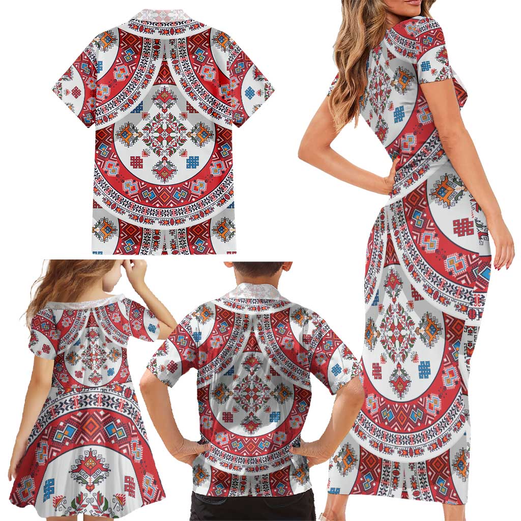 Bulgaria Folk Art Family Matching Short Sleeve Bodycon Dress and Hawaiian Shirt with Traditional Embroidery and Floral Motifs