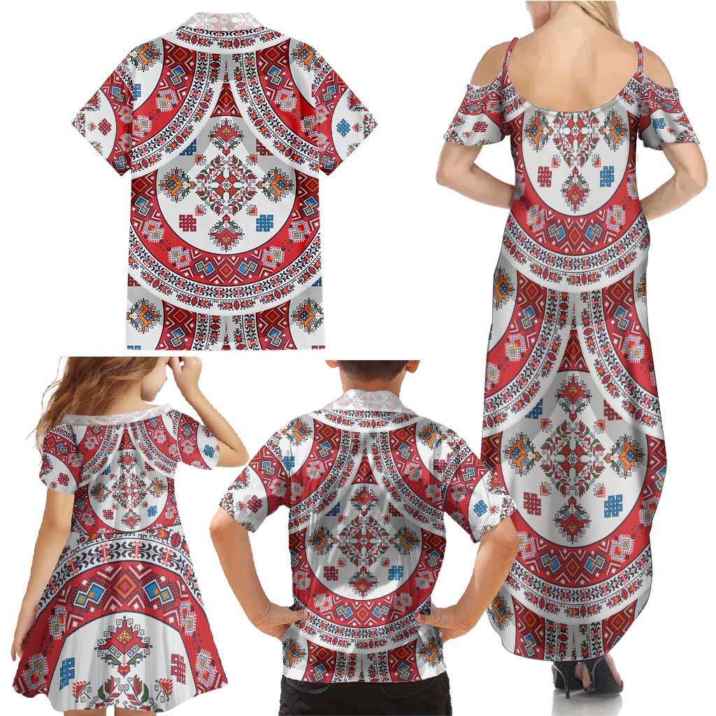 Bulgaria Folk Art Family Matching Summer Maxi Dress and Hawaiian Shirt with Traditional Embroidery and Floral Motifs