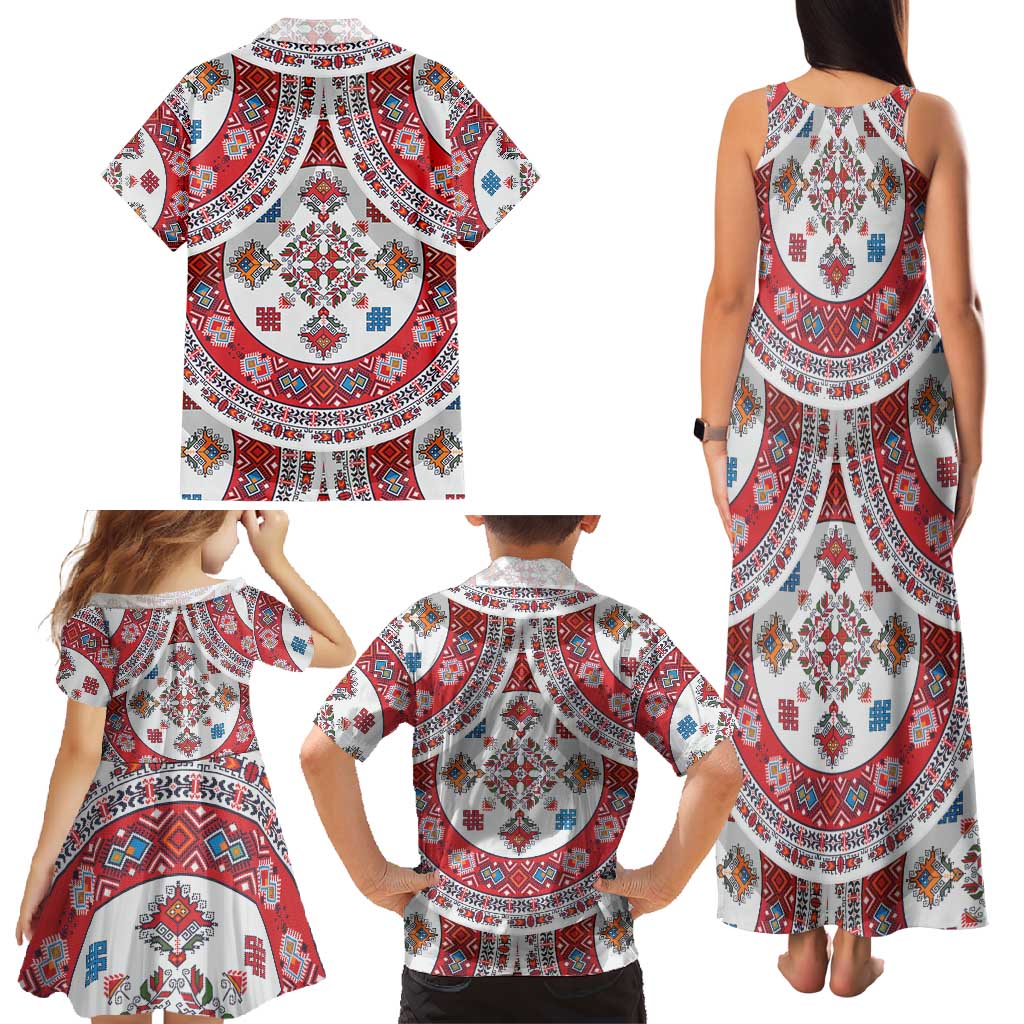 Bulgaria Folk Art Family Matching Tank Maxi Dress and Hawaiian Shirt with Traditional Embroidery and Floral Motifs