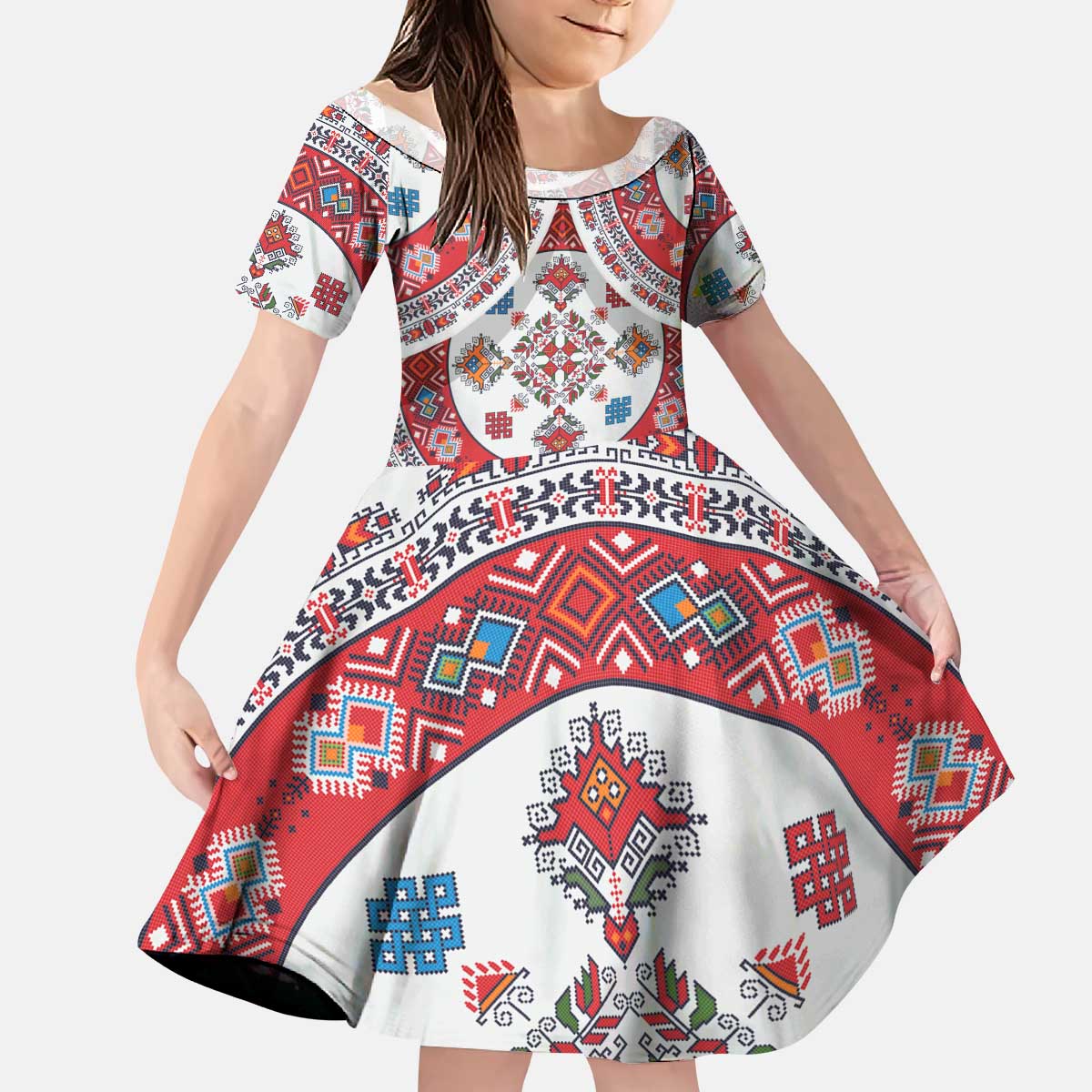 Bulgaria Folk Art Kid Short Sleeve Dress with Traditional Embroidery and Floral Motifs
