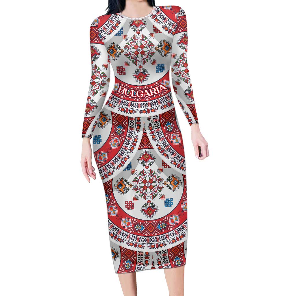 Bulgaria Folk Art Long Sleeve Bodycon Dress with Traditional Embroidery and Floral Motifs