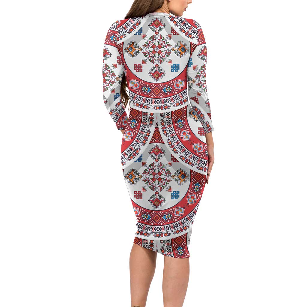 Bulgaria Folk Art Long Sleeve Bodycon Dress with Traditional Embroidery and Floral Motifs