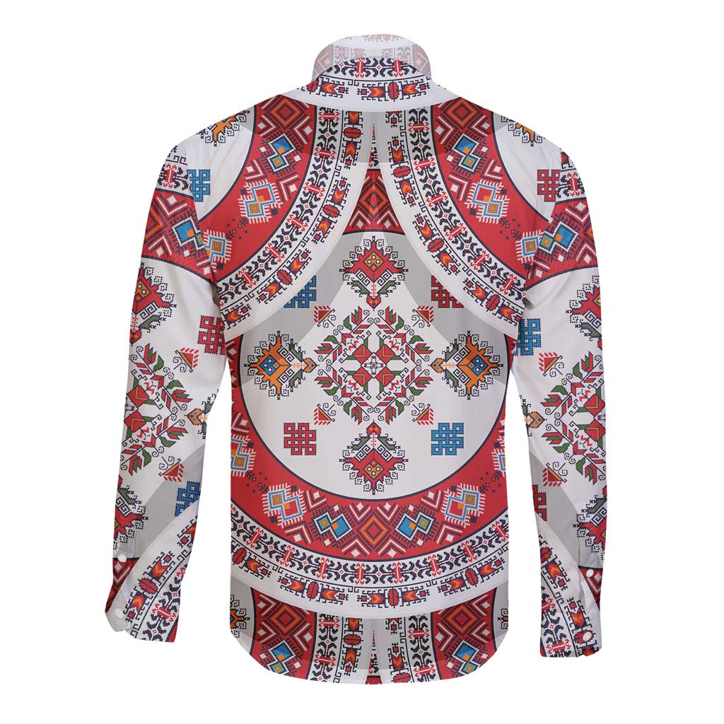 Bulgaria Folk Art Long Sleeve Button Shirt with Traditional Embroidery and Floral Motifs