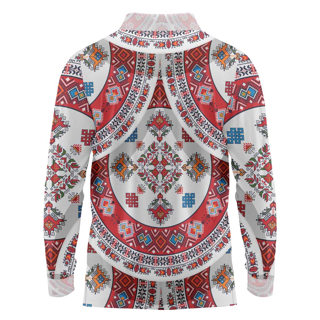 Bulgaria Folk Art Long Sleeve Polo Shirt with Traditional Embroidery and Floral Motifs