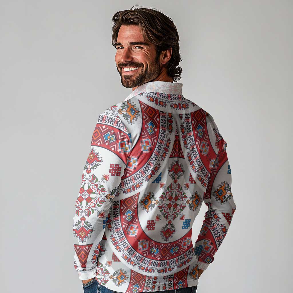 Bulgaria Folk Art Long Sleeve Polo Shirt with Traditional Embroidery and Floral Motifs