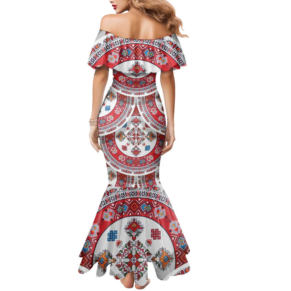 Bulgaria Folk Art Mermaid Dress with Traditional Embroidery and Floral Motifs