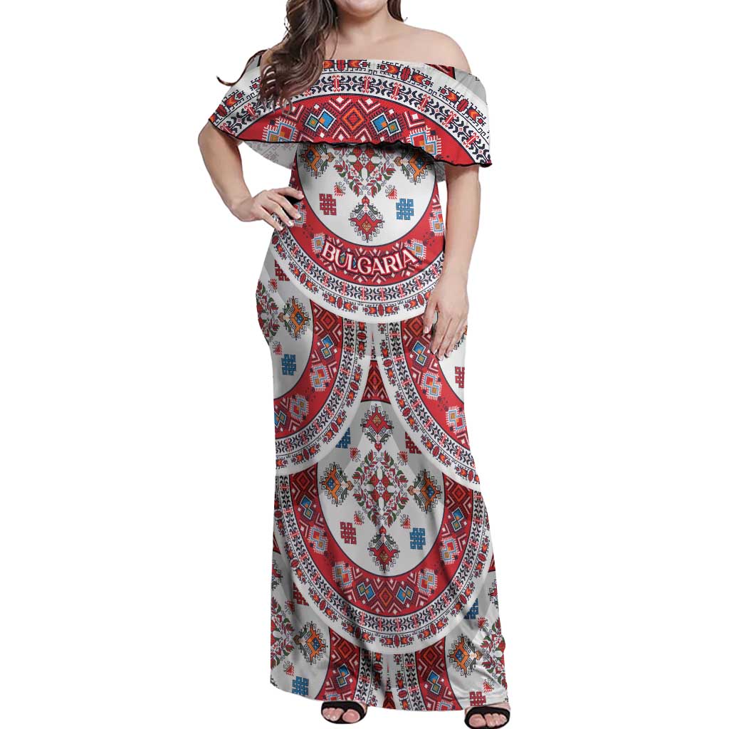 Bulgaria Folk Art Off Shoulder Maxi Dress with Traditional Embroidery and Floral Motifs