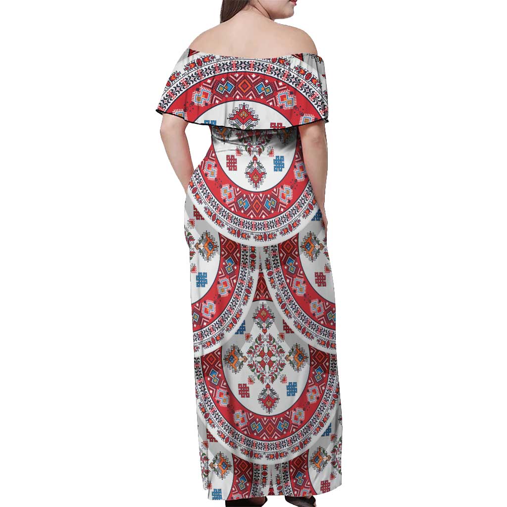 Bulgaria Folk Art Off Shoulder Maxi Dress with Traditional Embroidery and Floral Motifs