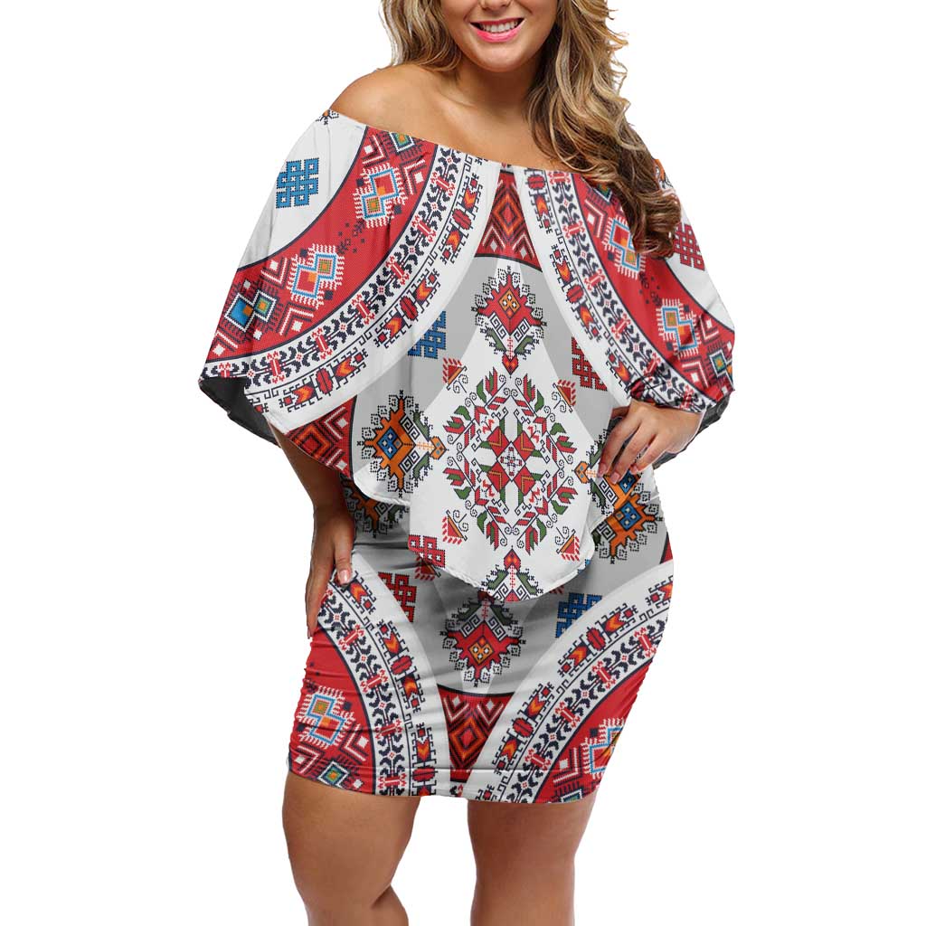 Bulgaria Folk Art Off Shoulder Short Dress with Traditional Embroidery and Floral Motifs