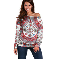 Bulgaria Folk Art Off Shoulder Sweater with Traditional Embroidery and Floral Motifs