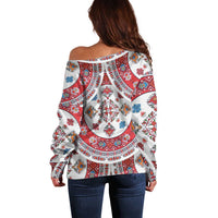 Bulgaria Folk Art Off Shoulder Sweater with Traditional Embroidery and Floral Motifs