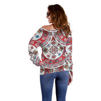 Bulgaria Folk Art Off Shoulder Sweater with Traditional Embroidery and Floral Motifs