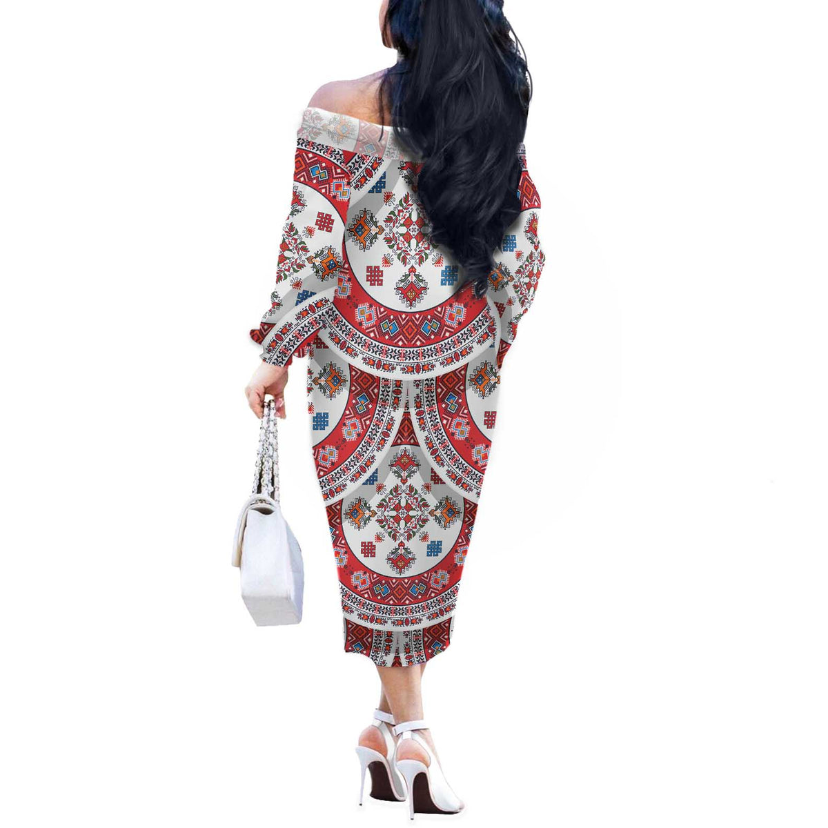Bulgaria Folk Art Off The Shoulder Long Sleeve Dress with Traditional Embroidery and Floral Motifs