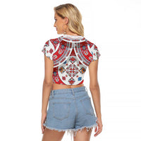 Bulgaria Folk Art Raglan Cropped T Shirt with Traditional Embroidery and Floral Motifs