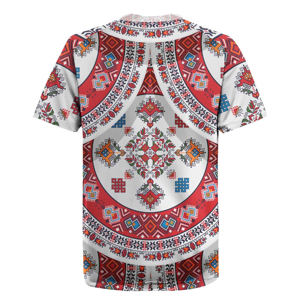 Bulgaria Folk Art Rugby Jersey with Traditional Embroidery and Floral Motifs