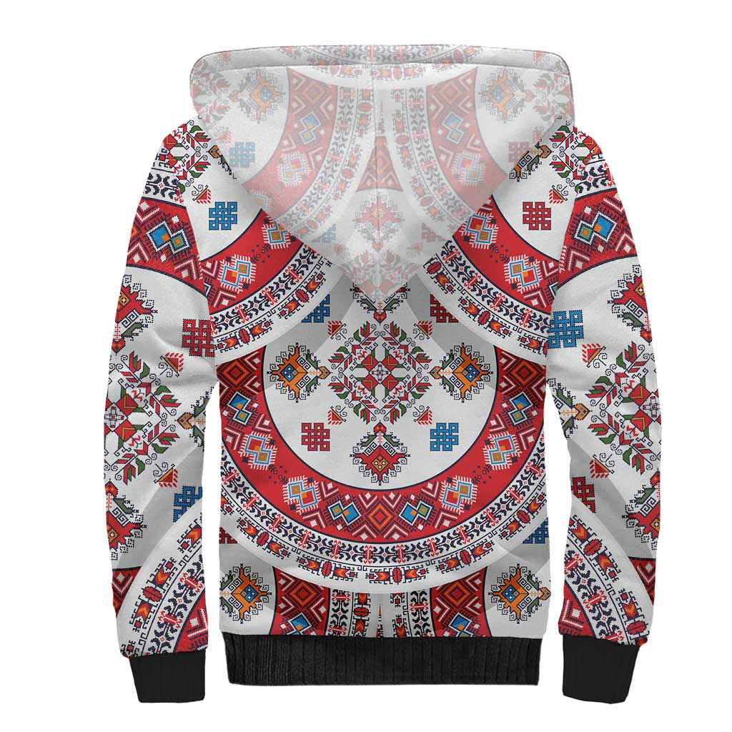 Bulgaria Folk Art Sherpa Hoodie with Traditional Embroidery and Floral Motifs