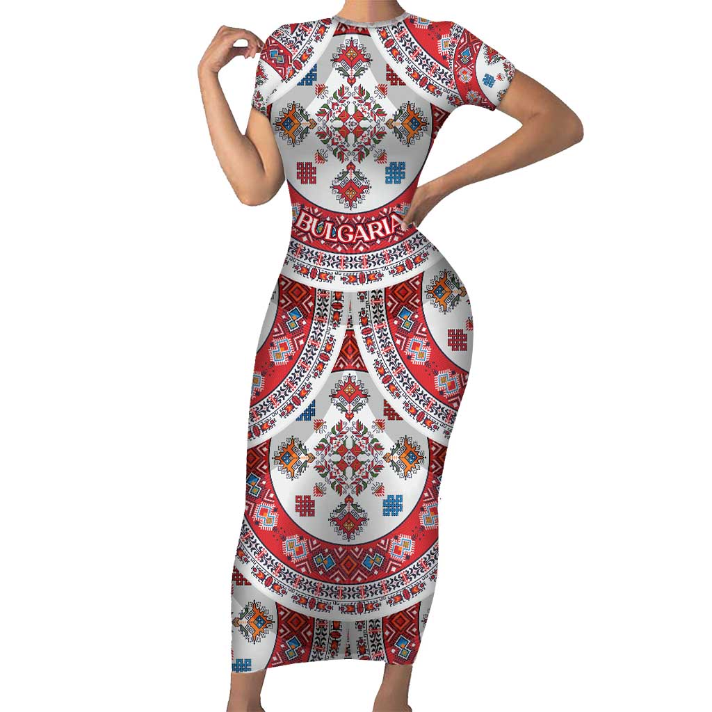 Bulgaria Folk Art Short Sleeve Bodycon Dress with Traditional Embroidery and Floral Motifs