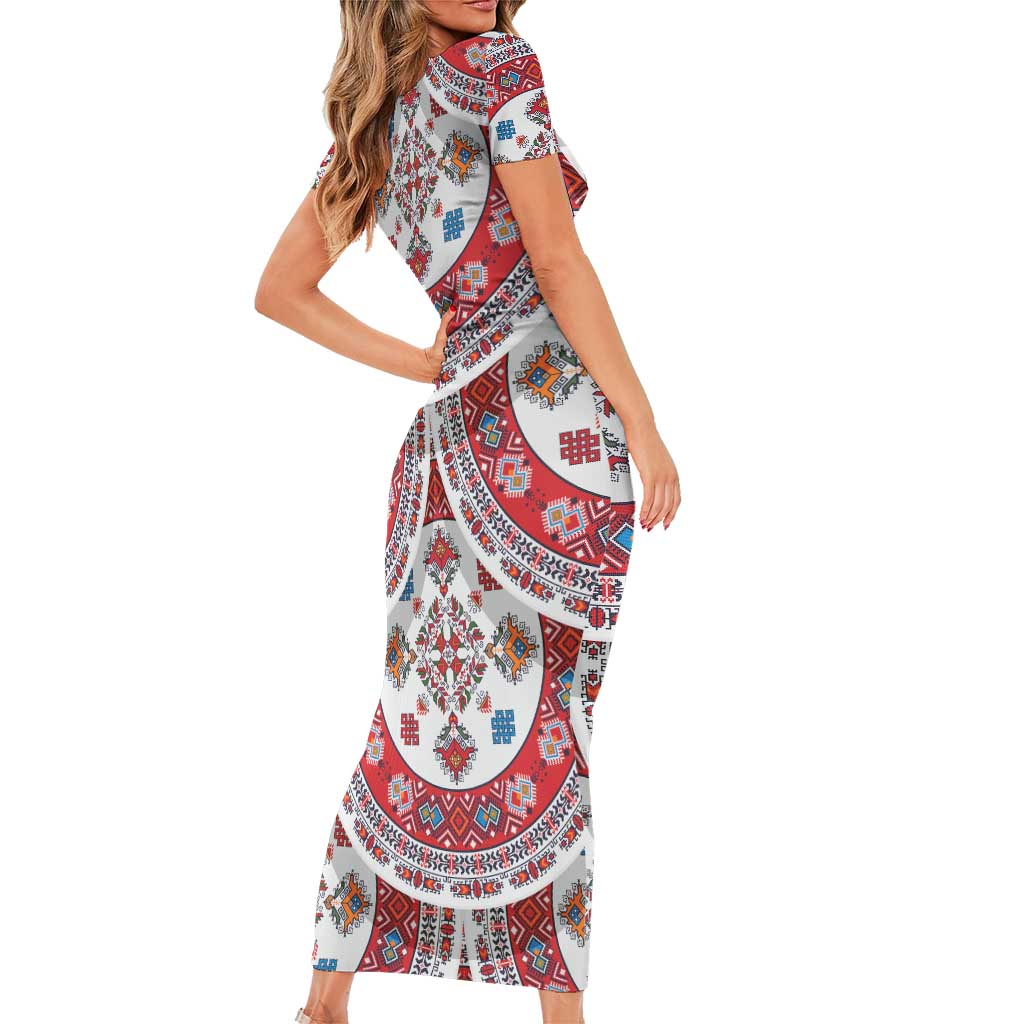 Bulgaria Folk Art Short Sleeve Bodycon Dress with Traditional Embroidery and Floral Motifs