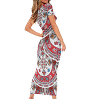 Bulgaria Folk Art Short Sleeve Bodycon Dress with Traditional Embroidery and Floral Motifs