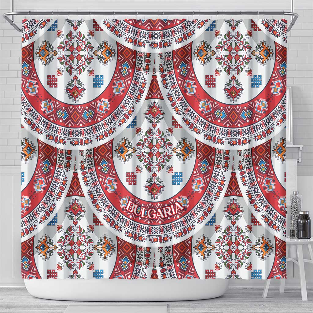 Bulgaria Folk Art Shower Curtain with Traditional Embroidery and Floral Motifs