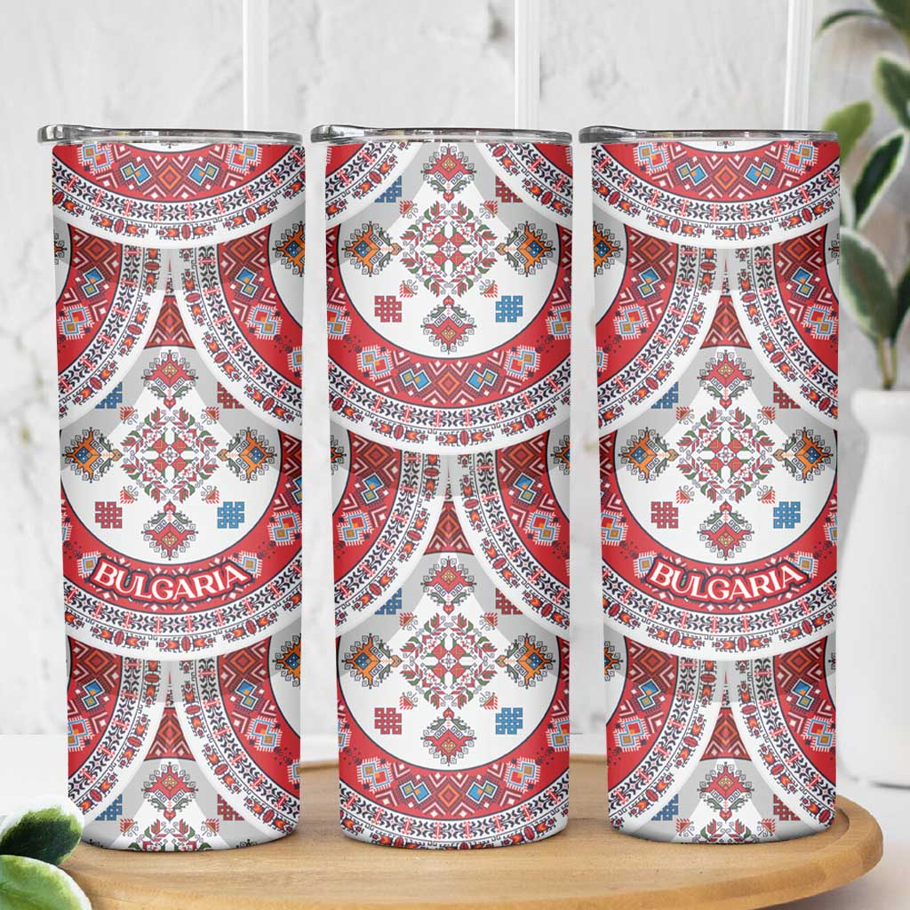 Bulgaria Folk Art Skinny Tumbler with Traditional Embroidery and Floral Motifs