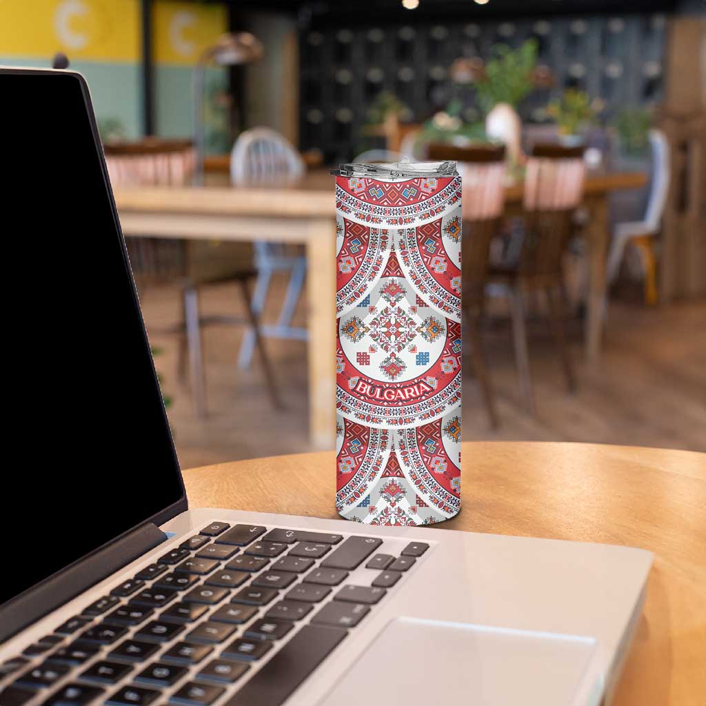 Bulgaria Folk Art Skinny Tumbler with Traditional Embroidery and Floral Motifs