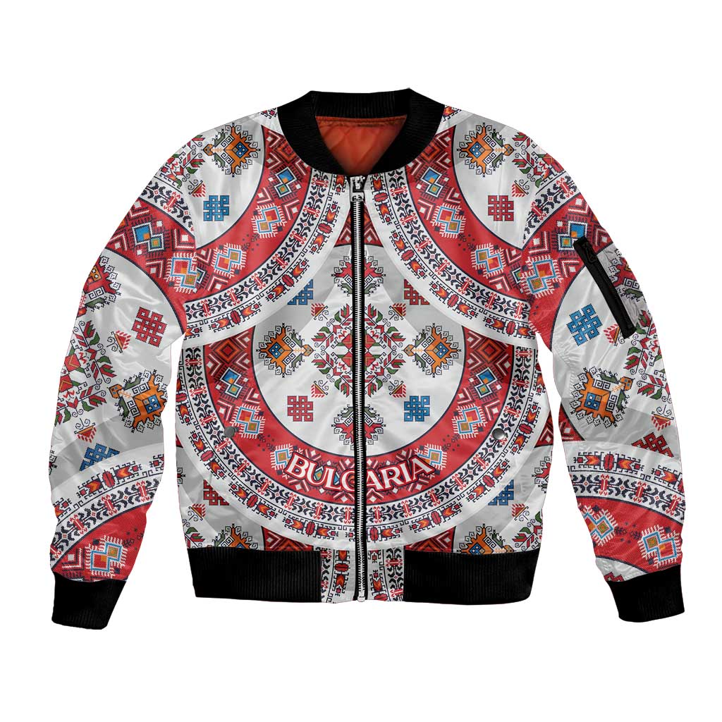Bulgaria Folk Art Sleeve Zip Bomber Jacket with Traditional Embroidery and Floral Motifs