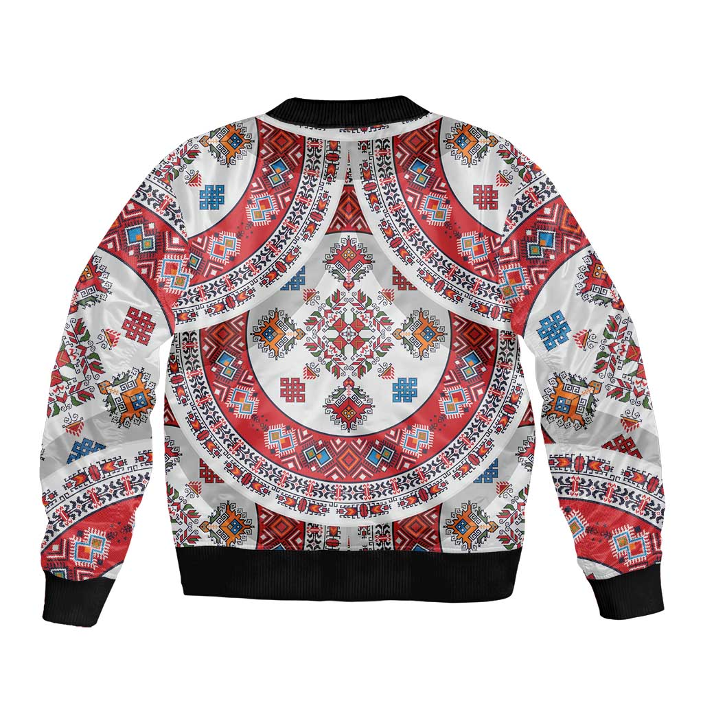 Bulgaria Folk Art Sleeve Zip Bomber Jacket with Traditional Embroidery and Floral Motifs