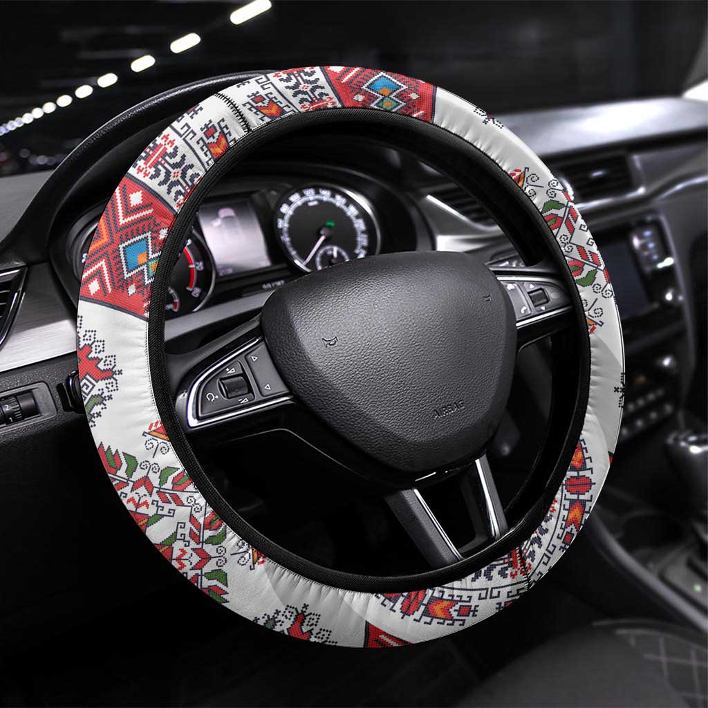 Bulgaria Folk Art Steering Wheel Cover with Traditional Embroidery and Floral Motifs