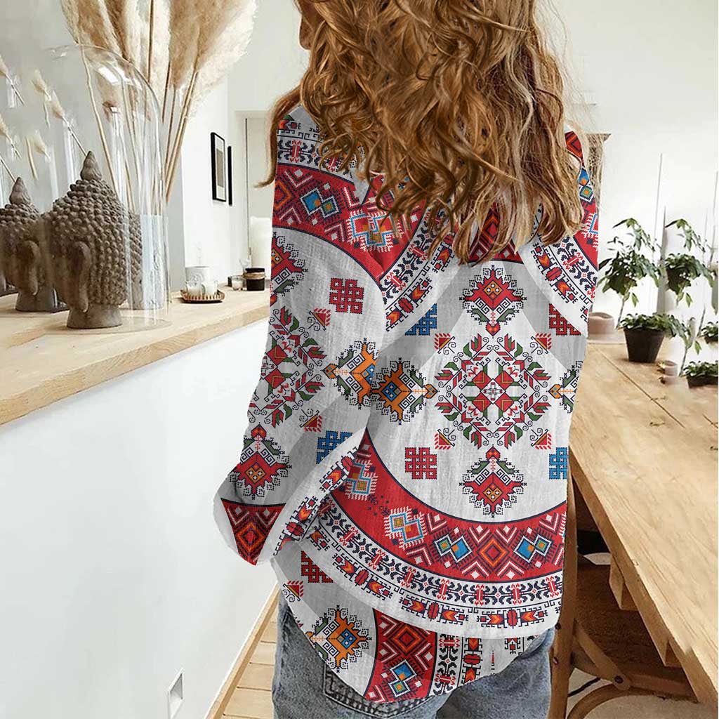 Bulgaria Folk Art Women Casual Shirt with Traditional Embroidery and Floral Motifs
