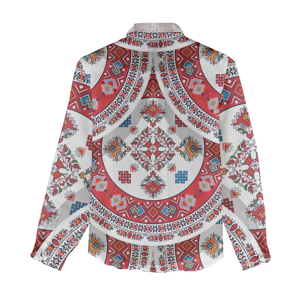 Bulgaria Folk Art Women Casual Shirt with Traditional Embroidery and Floral Motifs