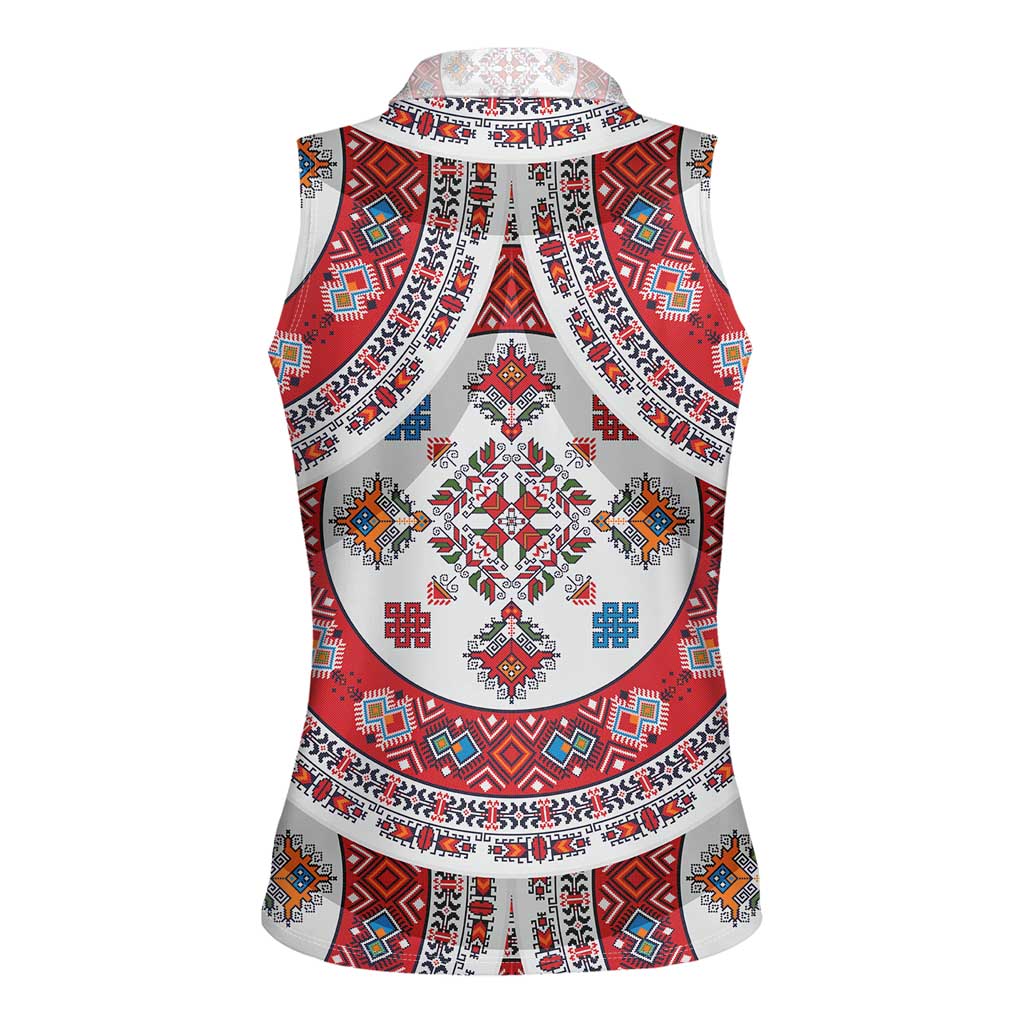 Bulgaria Folk Art Women Sleeveless Polo Shirt with Traditional Embroidery and Floral Motifs