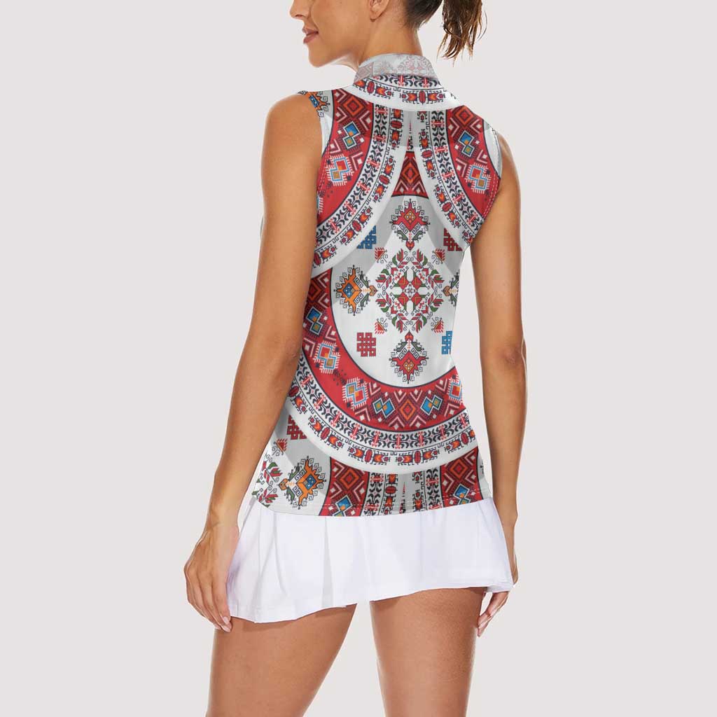 Bulgaria Folk Art Women Sleeveless Polo Shirt with Traditional Embroidery and Floral Motifs