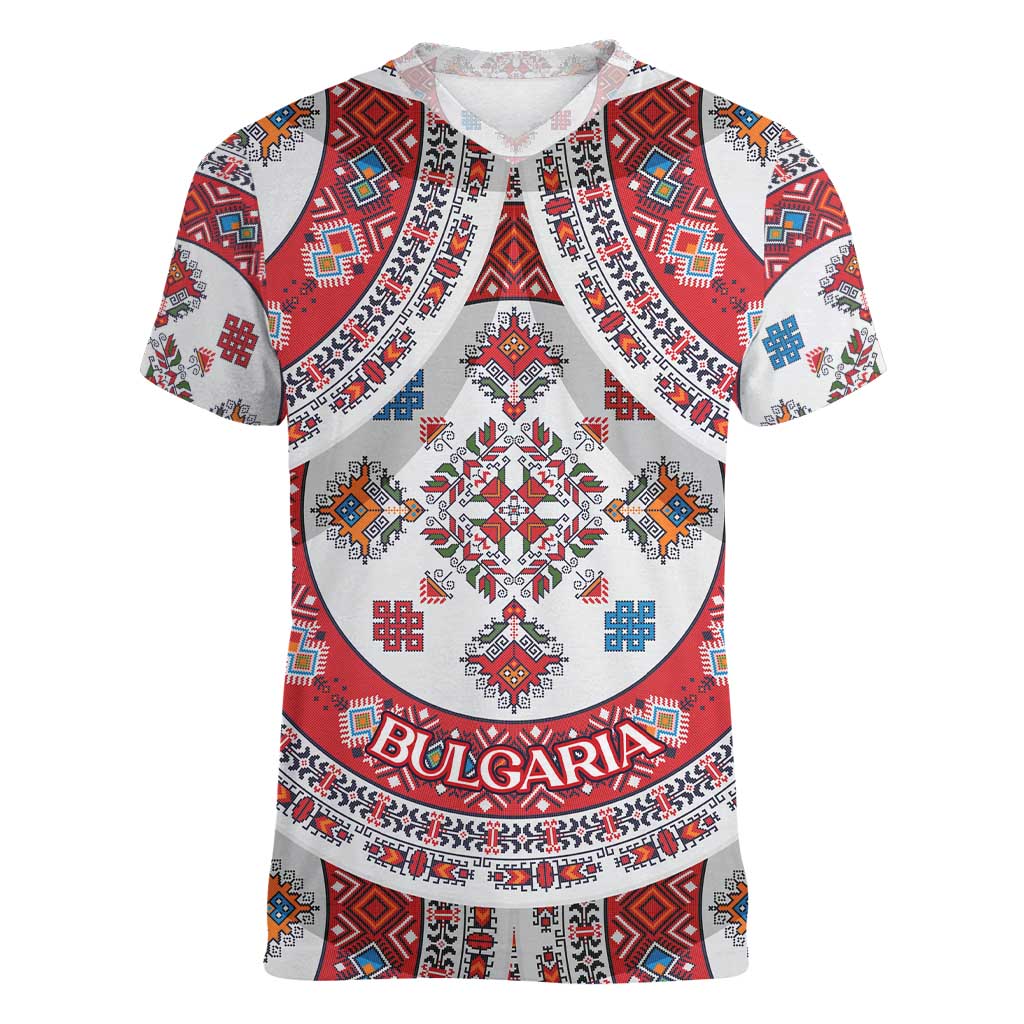 Bulgaria Folk Art Women V-Neck T-Shirt with Traditional Embroidery and Floral Motifs