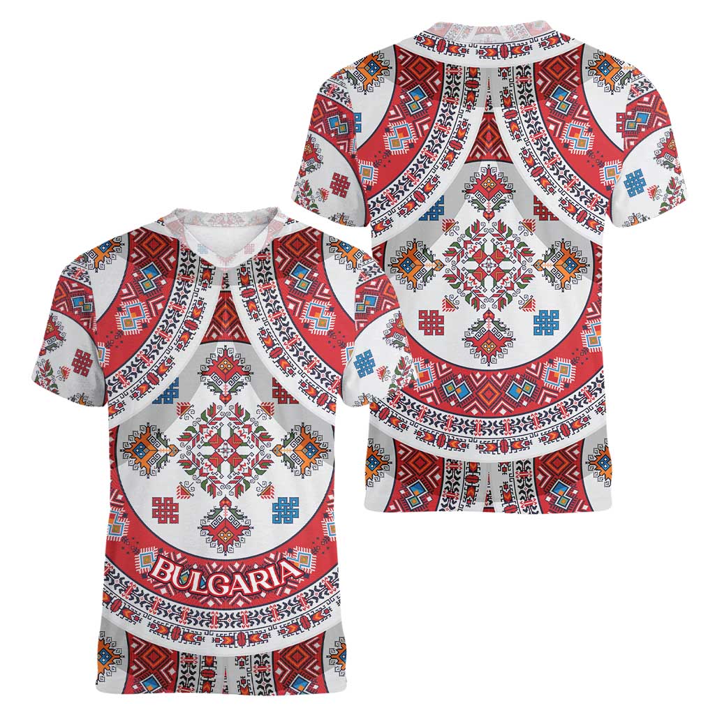 Bulgaria Folk Art Women V-Neck T-Shirt with Traditional Embroidery and Floral Motifs
