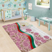 Rose of Bulgaria Area Rug with National Flag Ribbon and Floral Damask Pattern