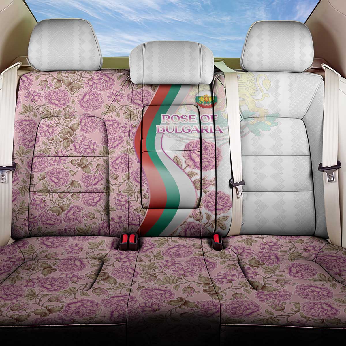 Rose of Bulgaria Back Car Seat Cover with National Flag Ribbon and Floral Damask Pattern