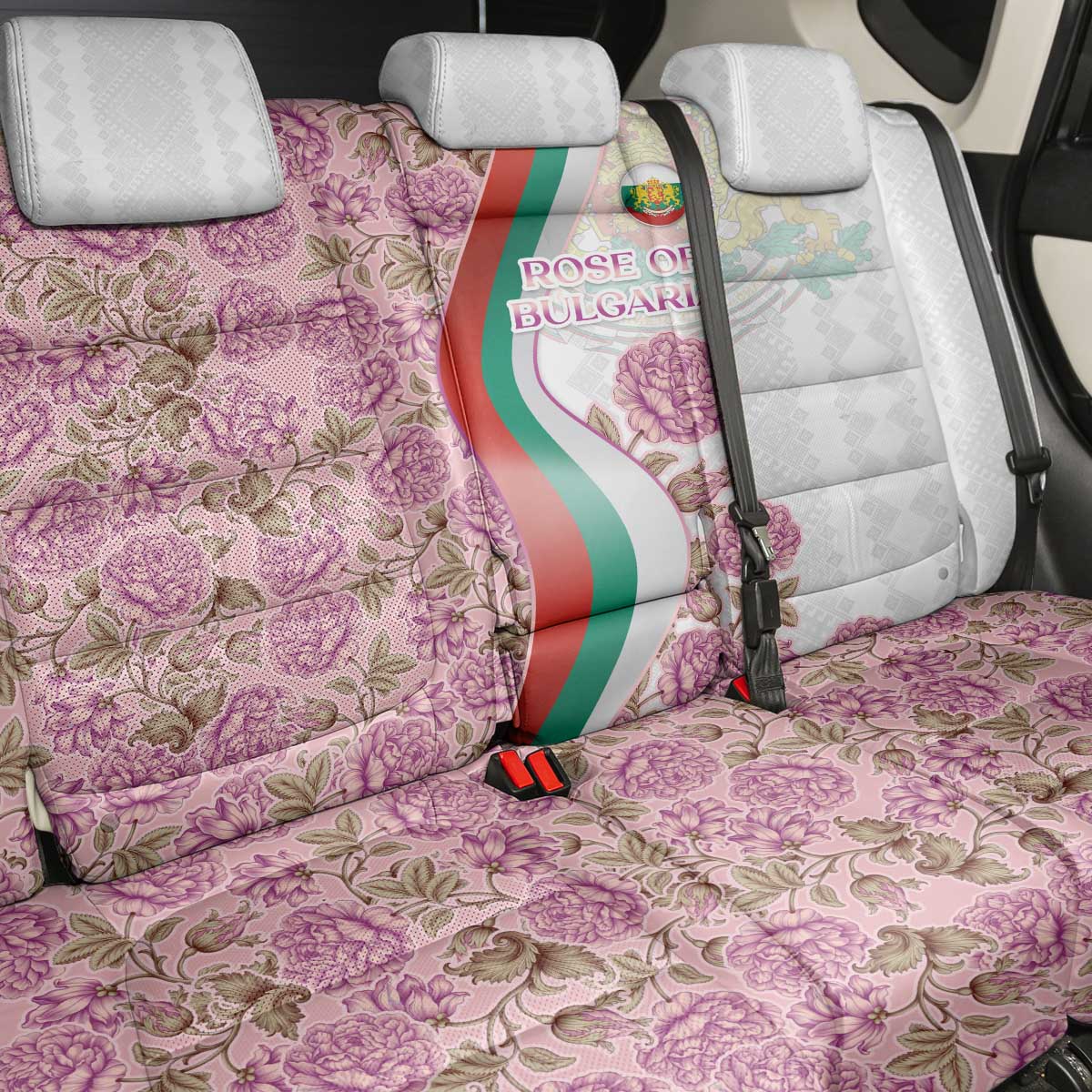 Rose of Bulgaria Back Car Seat Cover with National Flag Ribbon and Floral Damask Pattern