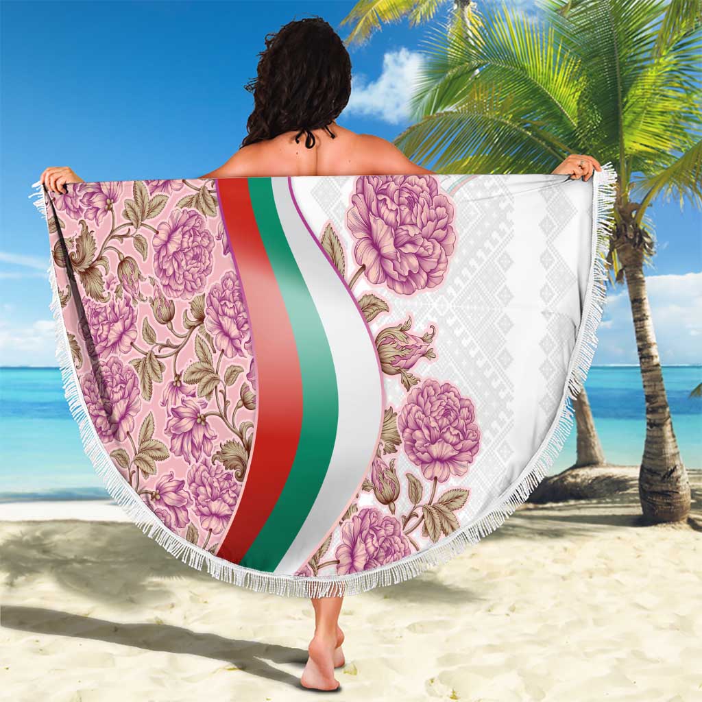 Rose of Bulgaria Beach Blanket with National Flag Ribbon and Floral Damask Pattern