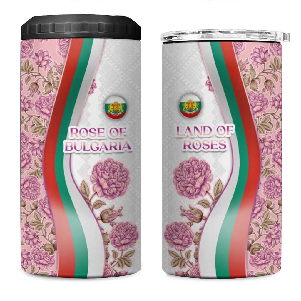 Rose of Bulgaria 4 in 1 Can Cooler Tumbler with National Flag Ribbon and Floral Damask Pattern