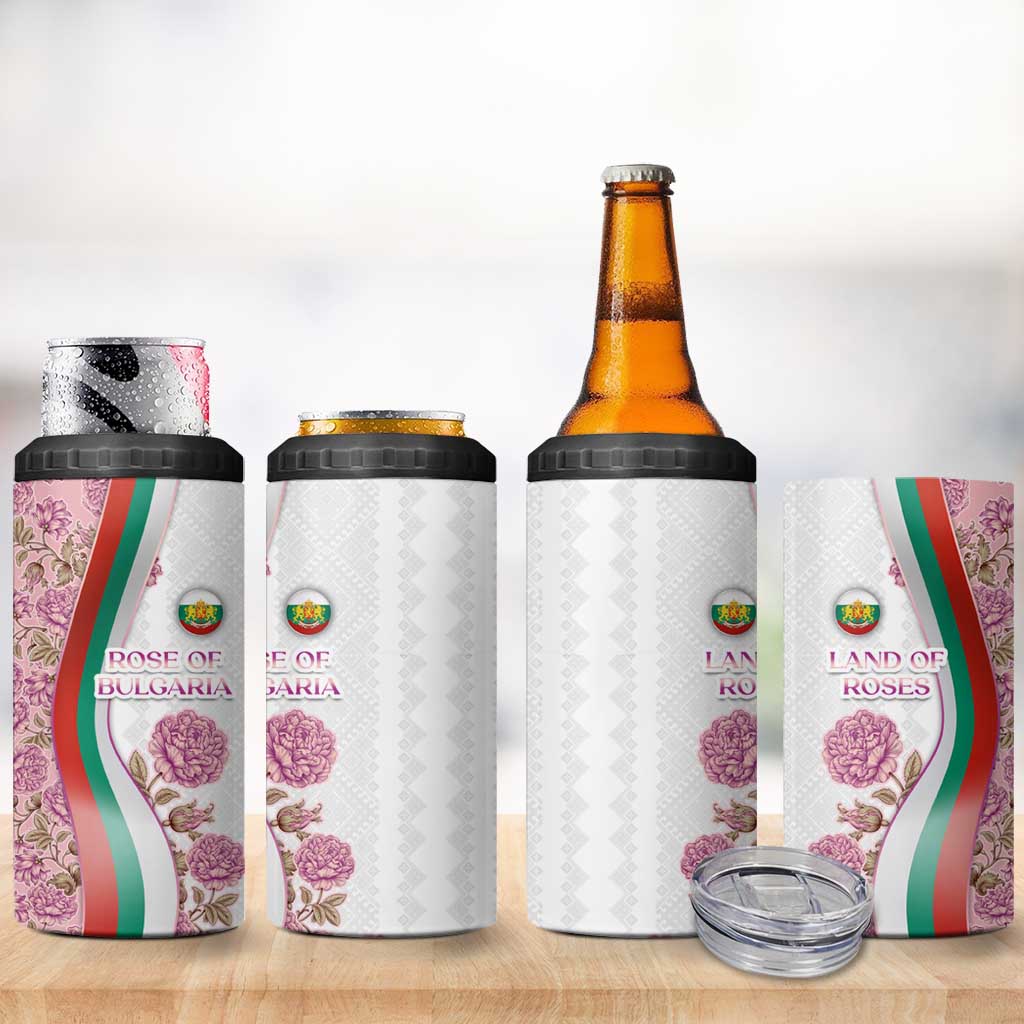 Rose of Bulgaria 4 in 1 Can Cooler Tumbler with National Flag Ribbon and Floral Damask Pattern