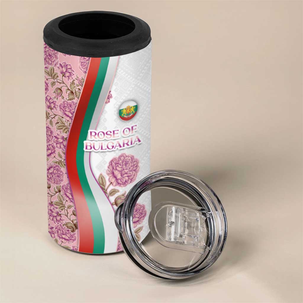 Rose of Bulgaria 4 in 1 Can Cooler Tumbler with National Flag Ribbon and Floral Damask Pattern