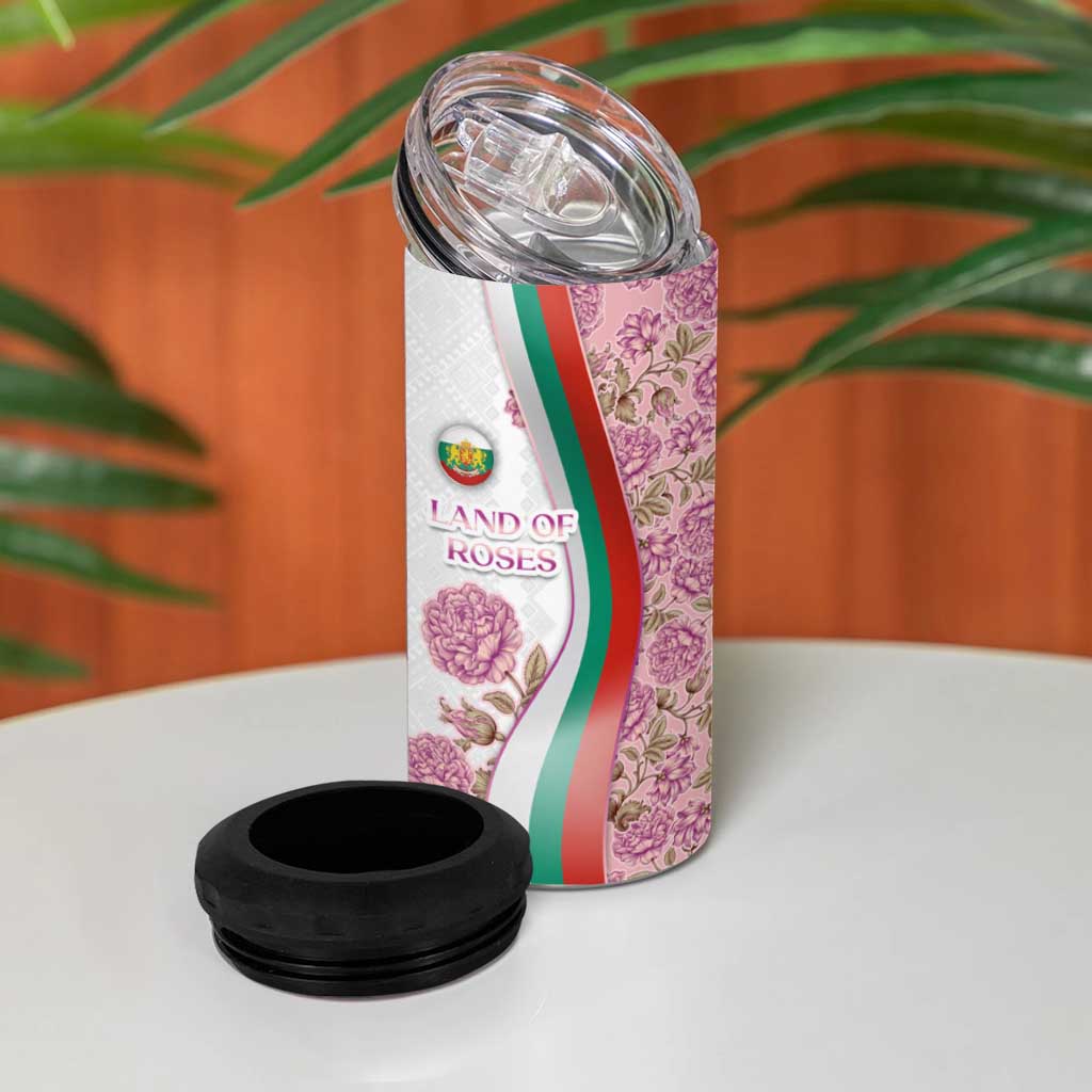 Rose of Bulgaria 4 in 1 Can Cooler Tumbler with National Flag Ribbon and Floral Damask Pattern