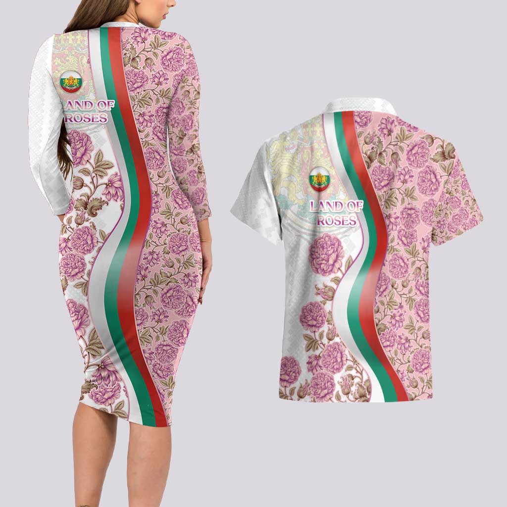 Rose of Bulgaria Couples Matching Long Sleeve Bodycon Dress and Hawaiian Shirt with National Flag Ribbon and Floral Damask Pattern